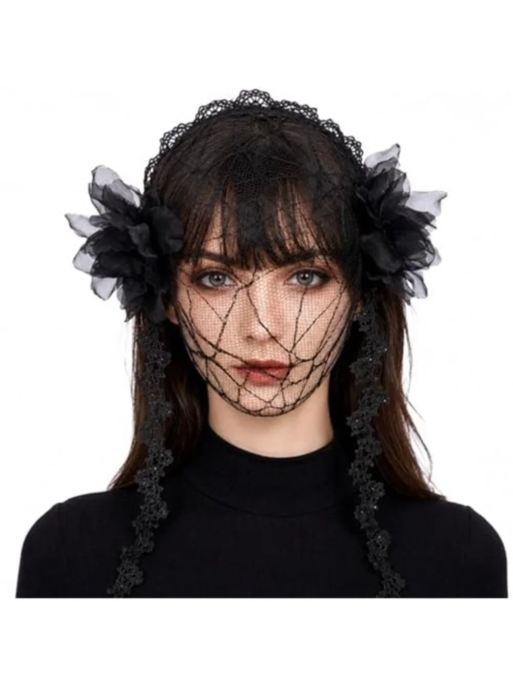 Women's Gothic Spider Web Lace Face Veil, Black Mesh Face Cover with Floral